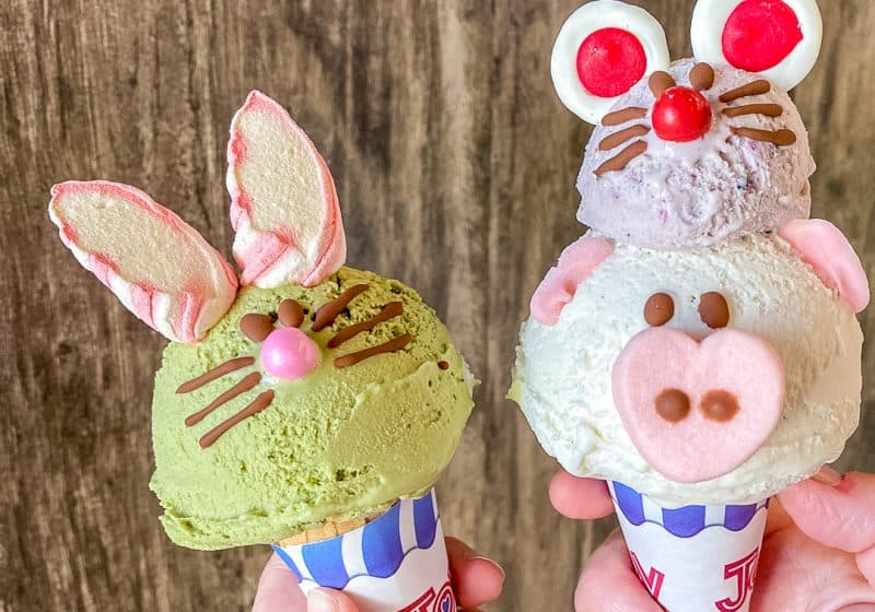 green ice cream cone in the shape of a bunny and white ice cream cone in the shape of a pig